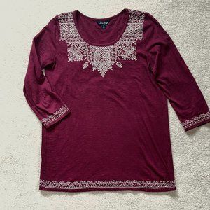 Lucky Brand Maroon Blouse White Embroidery Holiday 3/4 Sleeve S